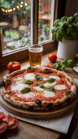 A delicious pizza topped with fresh basil and mozzarella is placed by a windowの素材