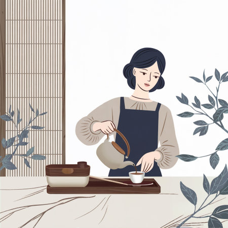 A woman pours tea from a teapot into a cup in a calm, serene setting,の素材
