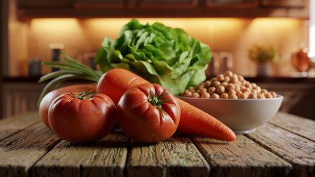 Fresh vegetables and legumes are beautifully arranged on a rustic wooden surfaceの素材