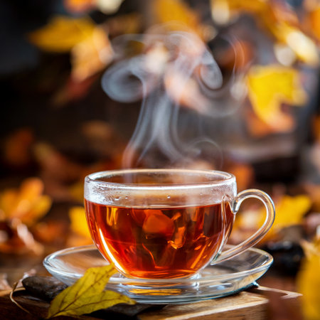 A steaming cup of tea sits on a wooden surface, surrounded by blurred autumn leaves in warm hues.の素材