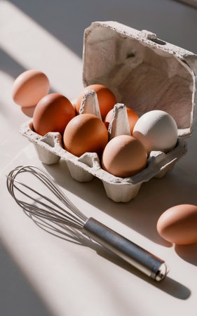 A carton of variously colored eggs is arranged on a light surface with a whisk lying beside itの素材