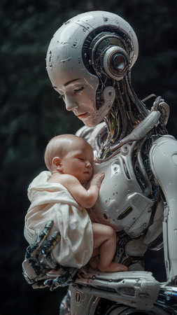 A futuristic robot cradles a sleeping baby gently in its arms, contrasting technology with human lifeの素材