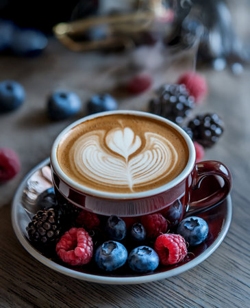 coffee with intricately latte art sits on a saucer surrounded by fresh berriesの素材