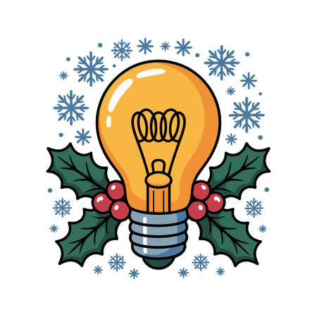 A glowing lightbulb is surrounded by holly leaves and red berries.のイラスト素材