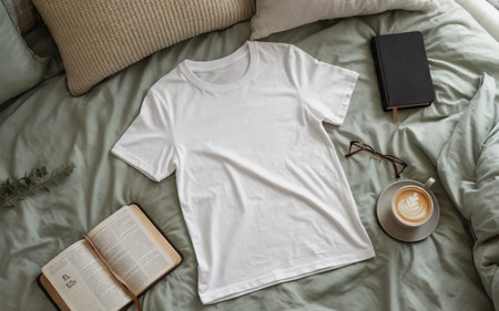 A neatly laid-out white T-shirt lies on a soft, rumpled bedspread, surrounded by an open book, a closed notebook, eyeglasses, and a latte with delicate latte art.の素材