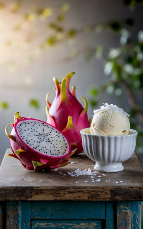 A fresh dragon fruit is beautifully presented alongside a bowl of vanilla ice cream topped with coconut shavingsの素材
