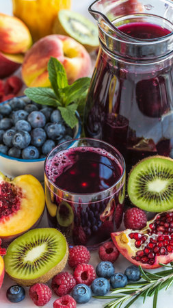 An assortment of fresh fruits surrounds a glass and pitcher filled with rich, dark juice.の素材
