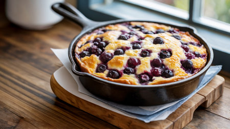 A freshly baked berry cake rests in a cast iron skillet on a wooden table, inviting one to indulge in its warm,の素材