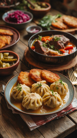 A beautifully arranged table displays a plate of dumplings topped with fresh herbs, set against a rustic wooden surfaceの素材