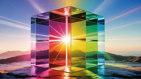 A radiant cube composed of multicolored glass panels captures the essence of a dramatic sunset against a mountainous landscapeの素材