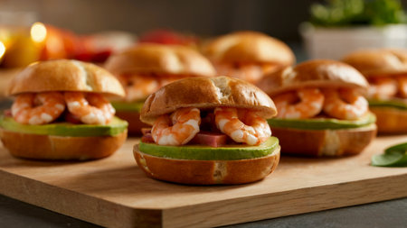 Golden brown buns are filled with layers of fresh shrimp, avocado, and what appears to be a slice of ham.の素材