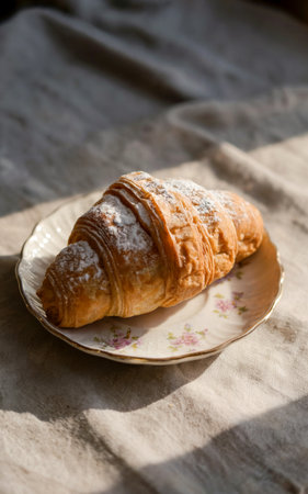 A golden-brown croissant is generously dusted with powdered sugar, resting on a delicate floral plateの素材