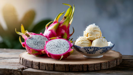 Vibrant dragon fruits are displayed alongside a bowl of creamy vanilla ice cream, creating a delightful contrast.の素材