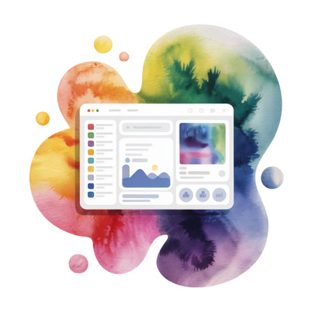 A vibrant digital dashboard is set against a colorful abstract background,の素材