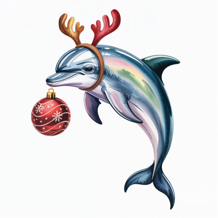 A cheerful dolphin is depicted wearing reindeer antlers and holding a red Christmas ornament in its mouthの素材