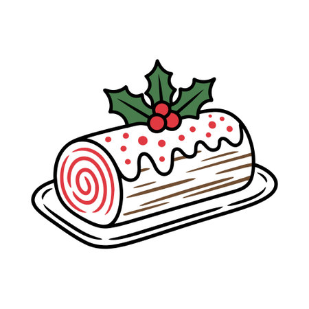 A charming depiction of a Yule log cake adorned with holly leaves and berries.のイラスト素材