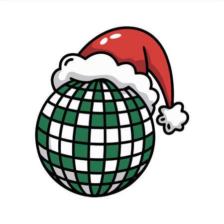 A festive scene featuring a green and white disco ball wearing a classic Santa hatのイラスト素材