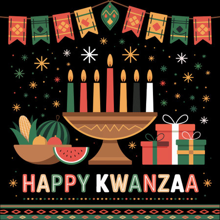 A festive arrangement includes a Kinara with seven lit candles, surrounded by fruits and gifts, symbolizing the celebration of Kwanzaa. Decorative banners and colorful patterns enhance the holiday spirit.の素材