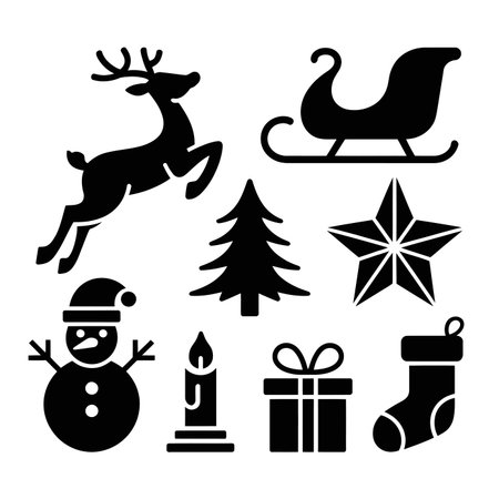A collection of Christmas-related silhouettes including a reindeer, sleigh, tree, star, snowman, candle, gift, and stocking.のイラスト素材