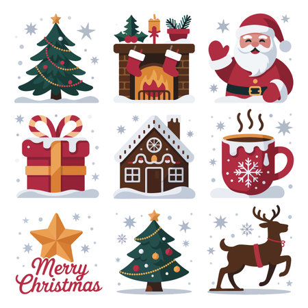 A collection of nine cheerful Christmas-themed icons including Santa, a reindeer, and a Christmas treのイラスト素材