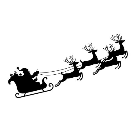 A silhouette of Santa Claus riding his sleigh pulled by reindeer across a white background.のイラスト素材