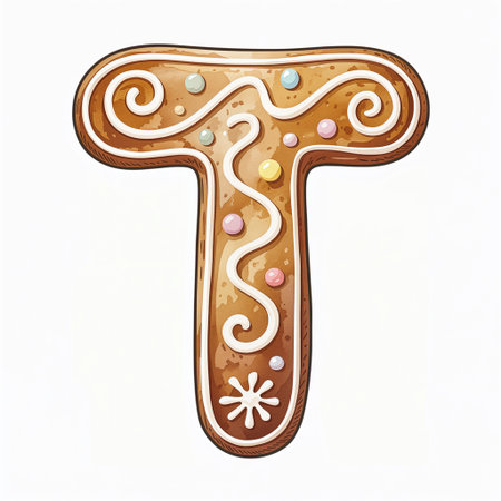 A whimsical gingerbread cookie shaped like the letter T is adorned with colorful icing and candies.の素材