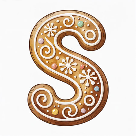 A stylized letter S resembling a gingerbread cookie is intricately decorated with white icing swirls and colorful candy dotsの素材