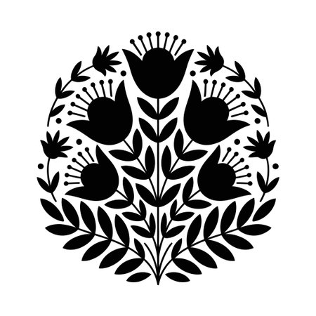 A symmetrical arrangement of stylized floral patterns, featuring blooming flowers and leaves in a circular formation.の素材