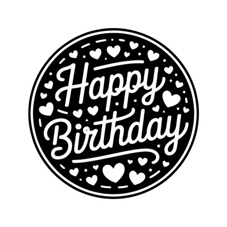 A circular badge features the words 'Happy Birthday' surrounded by small heart shapes.のイラスト素材
