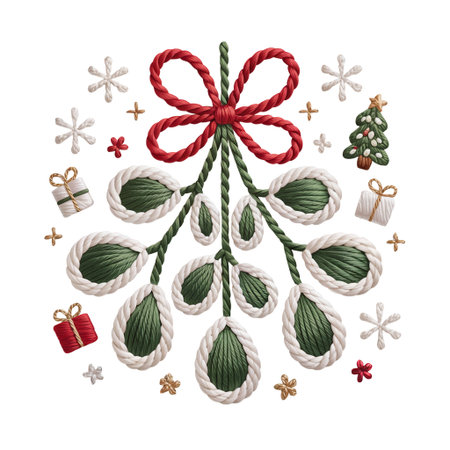 A symmetrical wreath made of ropes and ribbons is adorned with holiday decorations like snowflakes, Christmas trees, and gifts.の素材