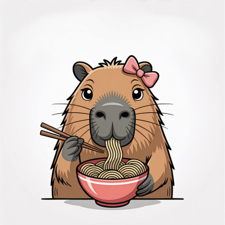 A capybara sporting a cute pink bow contentedly eats a bowl of noodles with chopsticks.の素材