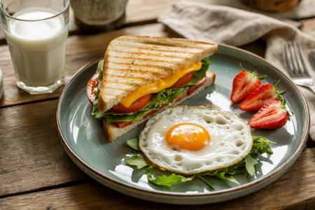 A breakfast plate with a grilled sandwich, topped with fresh vegetables and cheese. Accompanied by a sunny-side-up egg and strawberries.の素材