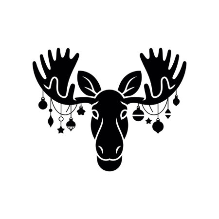 A stylized moose head displays large antlers adorned with hanging decorations.のイラスト素材