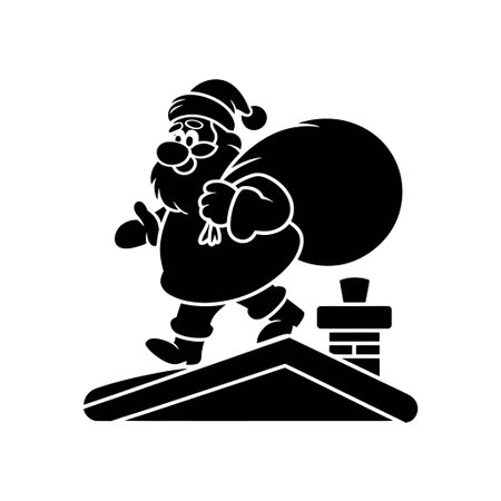 A silhouette of Santa Claus walking on a rooftop carrying a large sack of giftsのイラスト素材