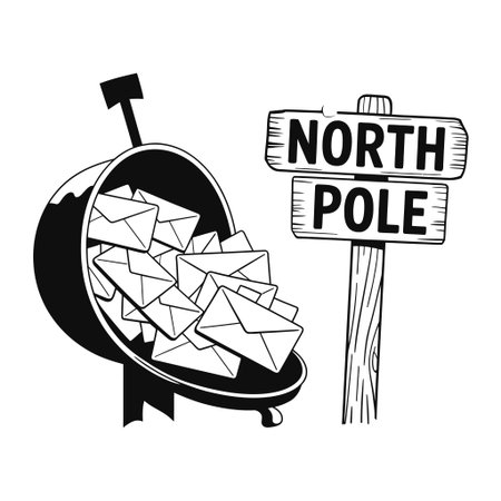 A mailbox brimming with envelopes sits beside a wooden North Pole signのイラスト素材