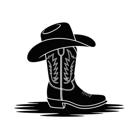 A cowboy hat rests atop a single boot, both outlined in a minimalist styleのイラスト素材