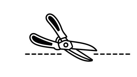 A minimalist image depicts a pair of scissors precisely cutting along a dotted line,のイラスト素材