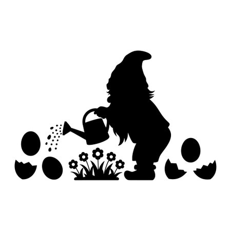 A silhouette of a gnome watering flowers with a watering canのイラスト素材
