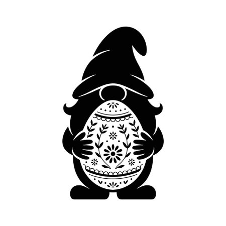A stylized black and white gnome holds a decorative egg adorned with floral patterns.のイラスト素材