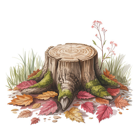 A tree stump is surrounded by colorful autumn leaves and patches of moss, creating a scene of natural decay.の素材