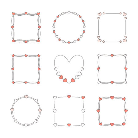A collection of nine decorative frames featuring red hearts in various shapesのイラスト素材