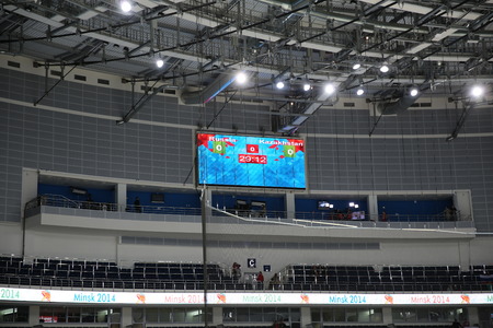 Minsk, Belarus - may 15, 2014: the 2014 world Cup. The world hockey championship Russia - Kazakhstan in the Palace of sport in Minskのeditorial素材