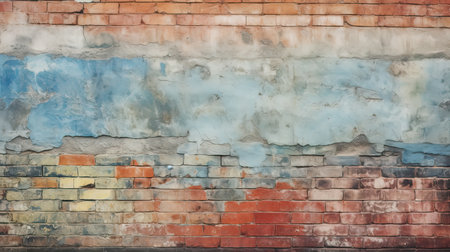 Pattern background of old brick wall with falling off blue plasterの写真素材