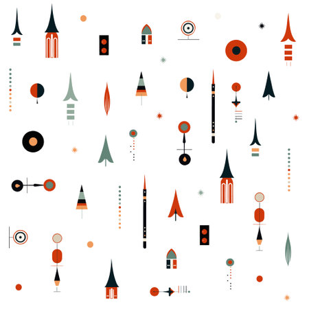 Winter Landscape Abstract Vector Patterns Set. Doodle Christmas Holidays Design with House, Pine Trees, Stars and Pond.のイラスト素材