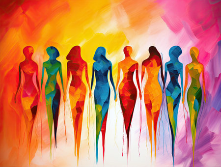 Abstract minimalism colorful watercolor oil overlapping silhouettes of female. Feminism, girl power, protest, girls holding handsの写真素材