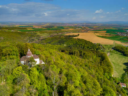 Aerial view of castle Buchlov and chapelle of st. Barbora in the Moravia landscape, Czech republicのeditorial素材