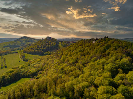 Aerial view of castle Buchlov and chapelle of st. Barbora in the Moravia landscape, Czech republicのeditorial素材