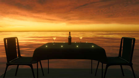 14th 3d illustration valentine day 2 armchairs on a background of the sea relax time with candles and glasses on the tableの写真素材