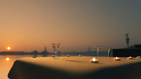 14th 3d illustration valentine day 2 armchairs on a background of the sea relax time with candles and glasses on the tableの写真素材