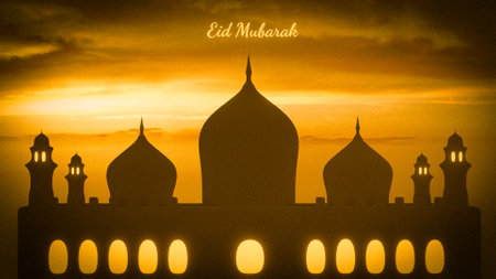 3d rendering Eid Mubarak Ramadan art night mosque and crescent decorationsの写真素材